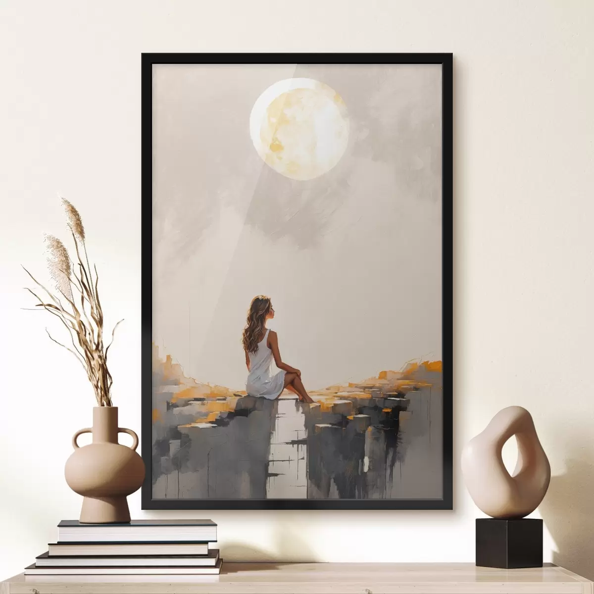 Poster Meisje in een witte jurk zittend onder een grote maan f45621