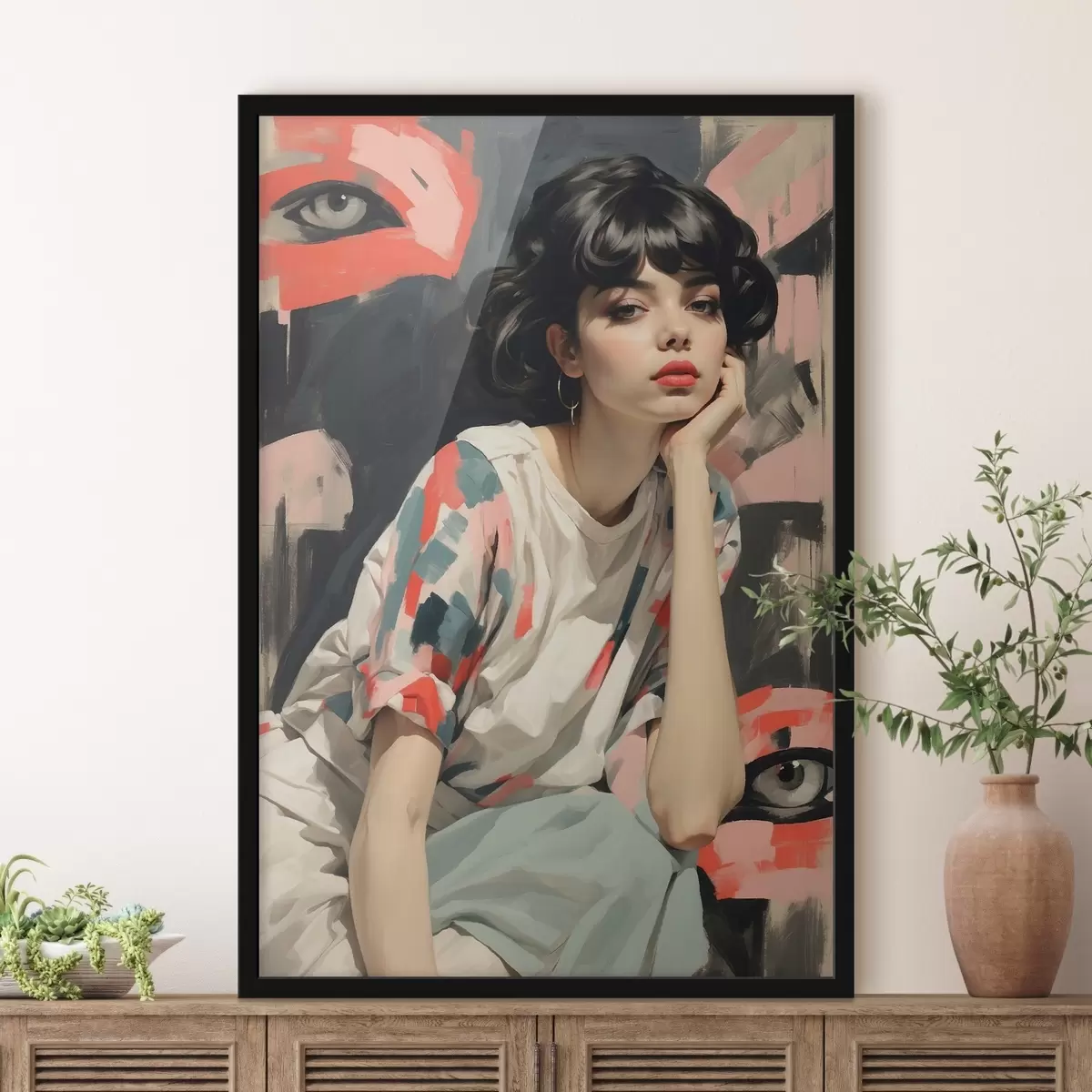Poster Portret van een meisje tegen een achtergrond met ogen en abstracte streken f45623