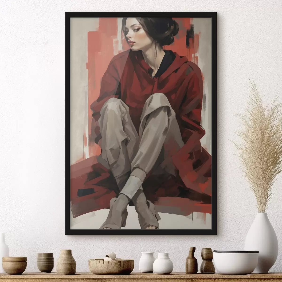 Poster Meisje in een rode mantel zittend met gevouwen benen f45624