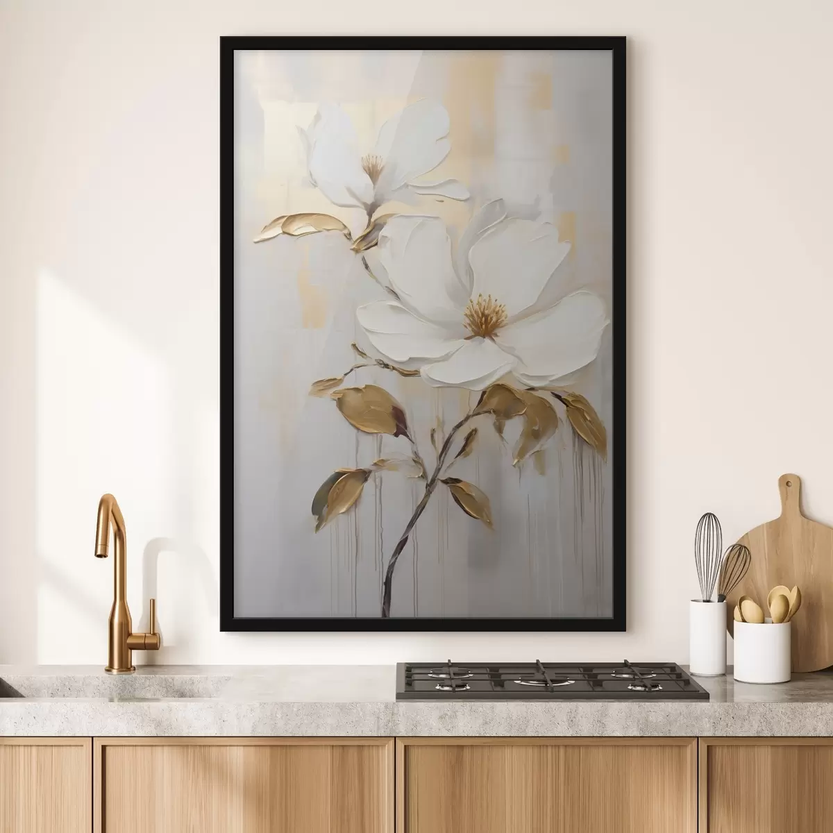 Poster Twee witte bloemen met geeloranje bladeren op een lichte achtergrond f45691