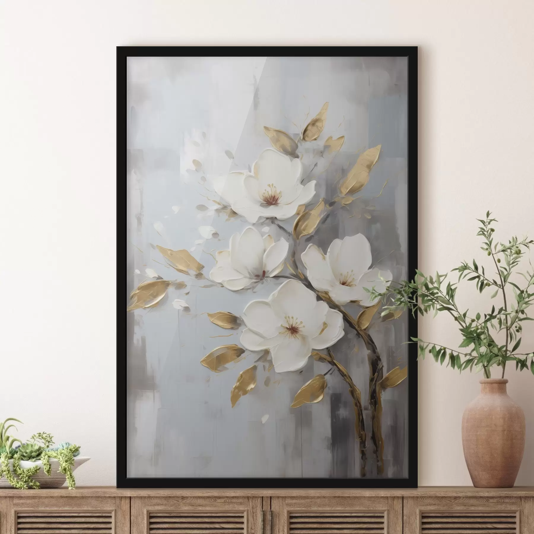 Fotobehang Tak met witte bloemen en geeloranje bladeren f45692