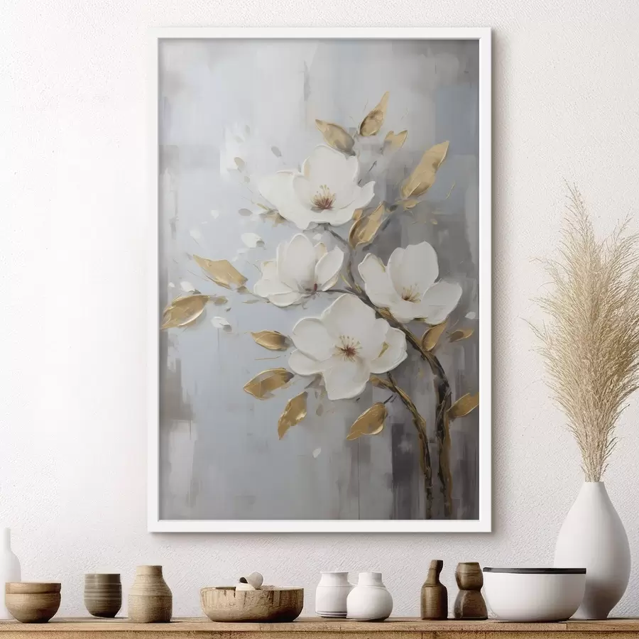 Fotobehang Tak met witte bloemen en geeloranje bladeren f45692