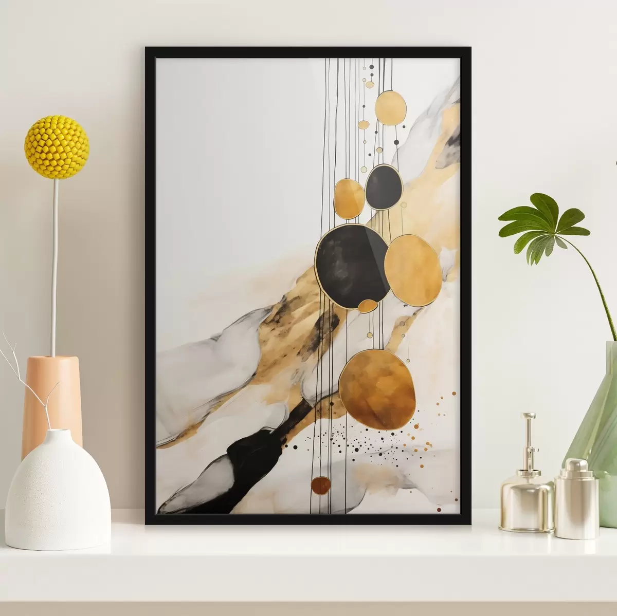 Poster Abstracte oranje en zwarte cirkels op een lichte achtergrond f45693