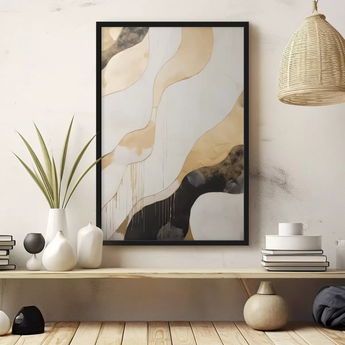 Poster Abstracte oranje en zwarte golvende lijnen f45694