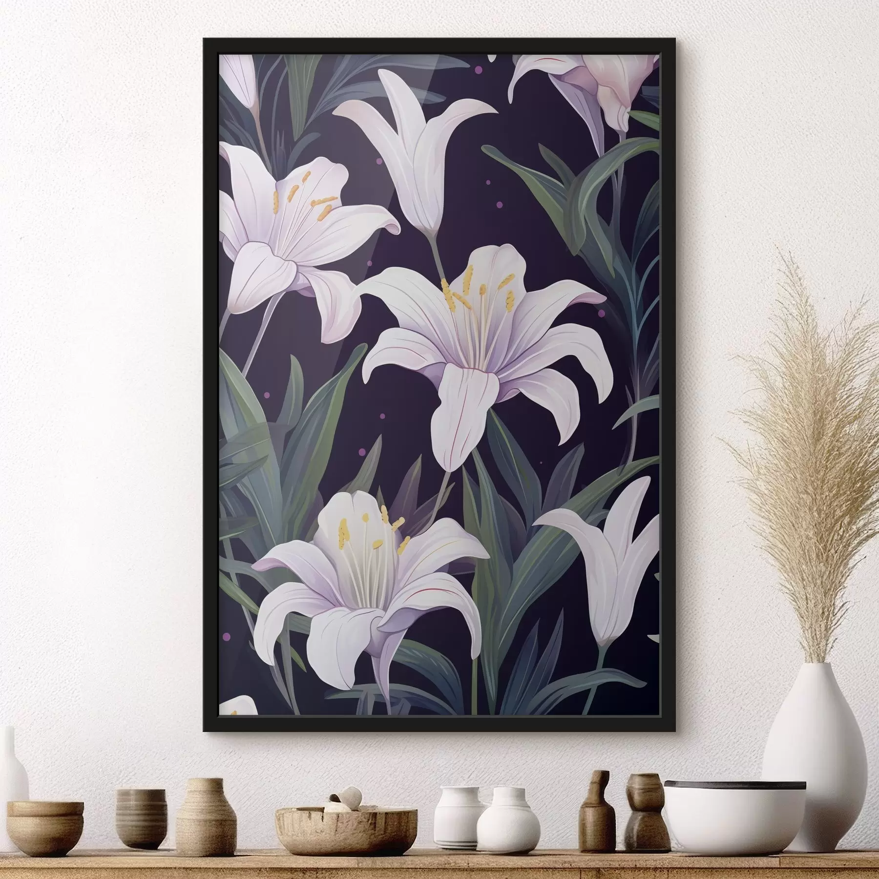 Fotobehang Delicate lelies op een donkere achtergrond met groene bladeren f45697