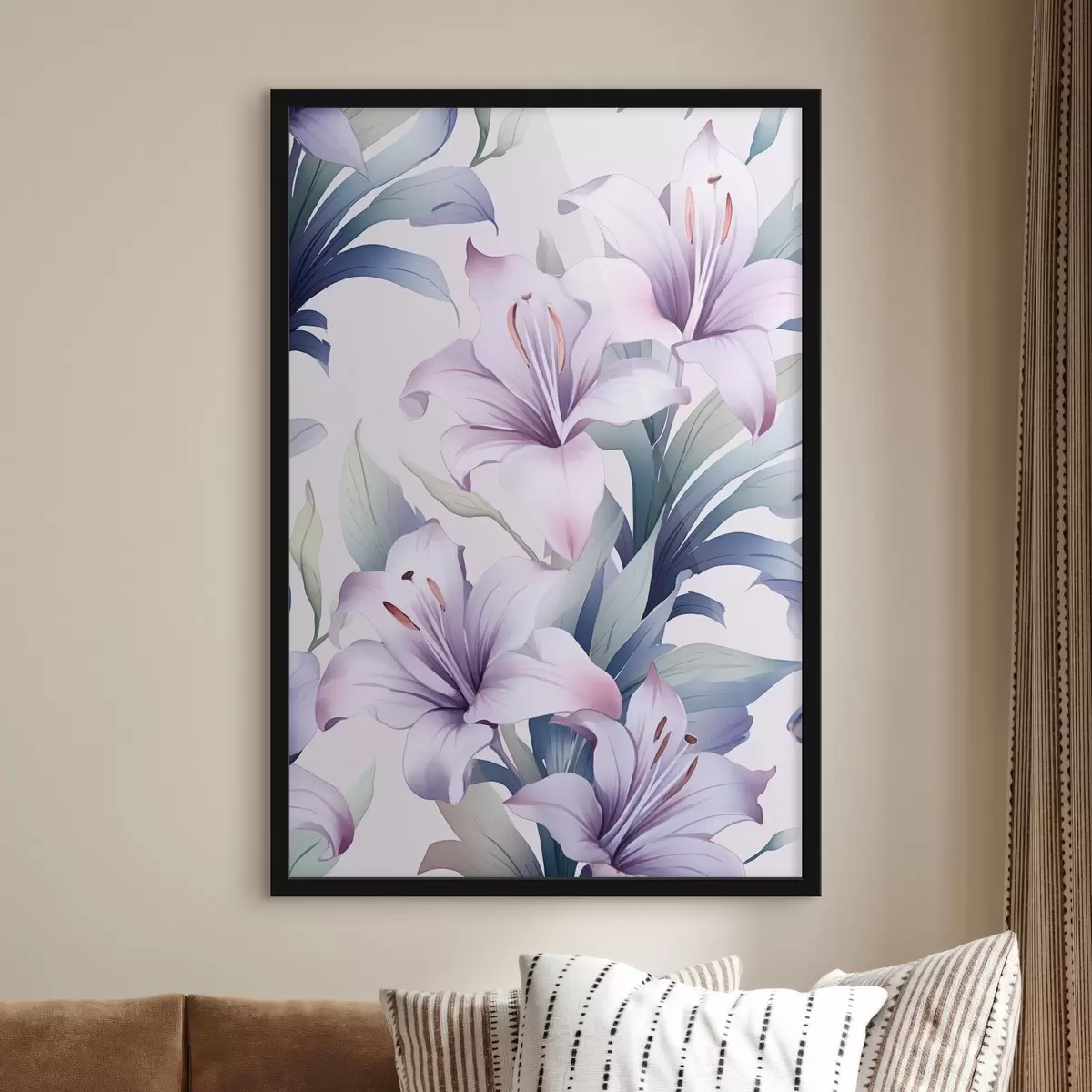Poster Grote roze-paarse lelies met groene bladeren f45698