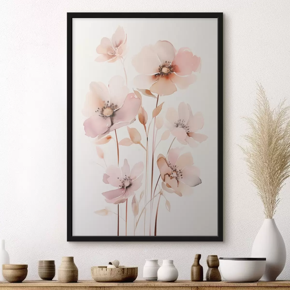 Poster Aquarelroze bloemen op dunne stelen f45701