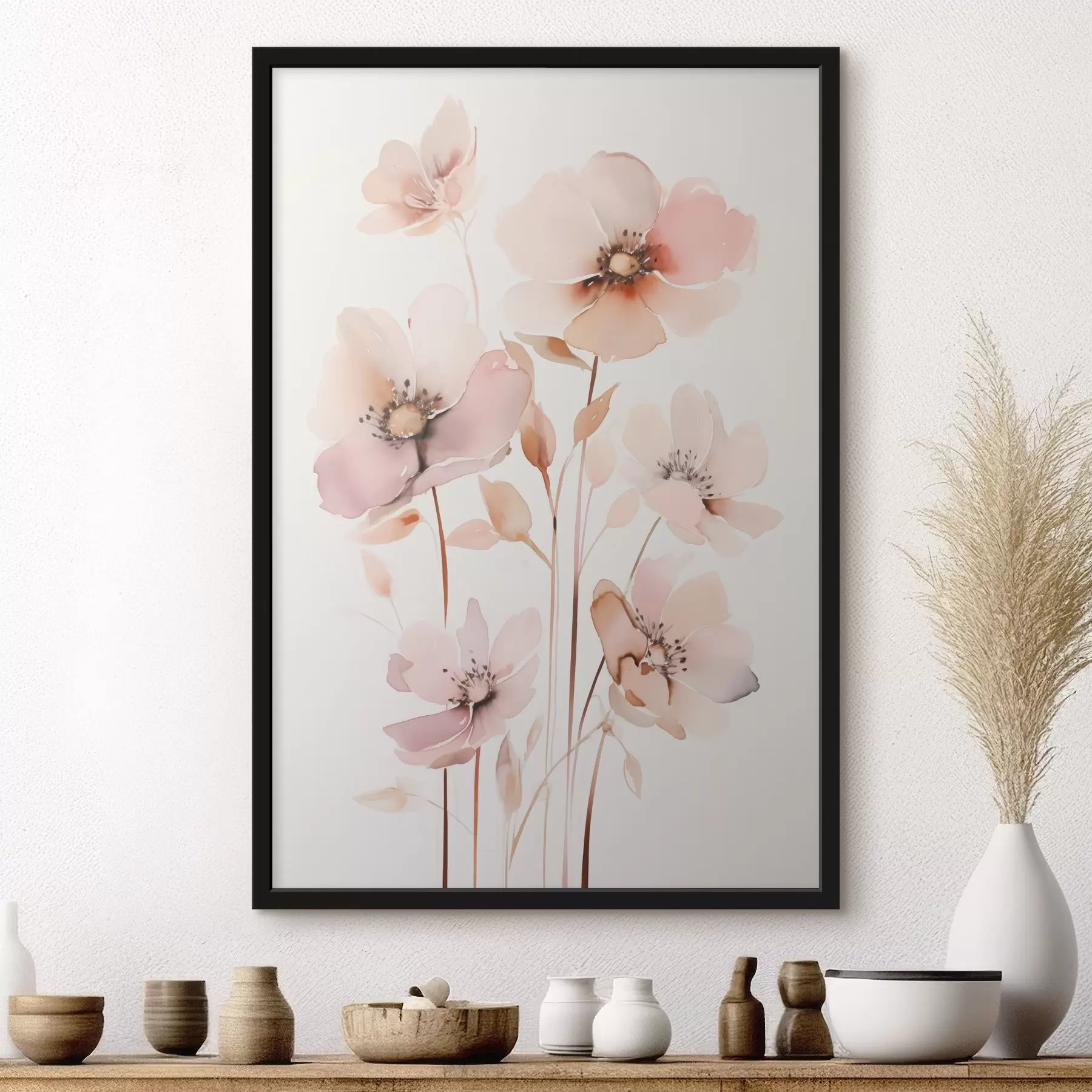 Fotobehang Aquarelroze bloemen op dunne stelen f45701