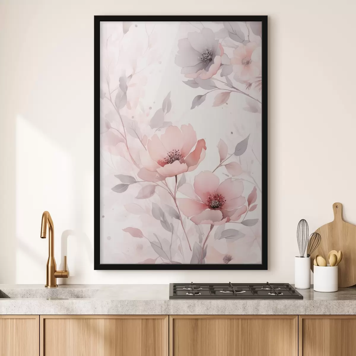 Poster Delicate roze-grijze bloemen met aquareleffect f45702