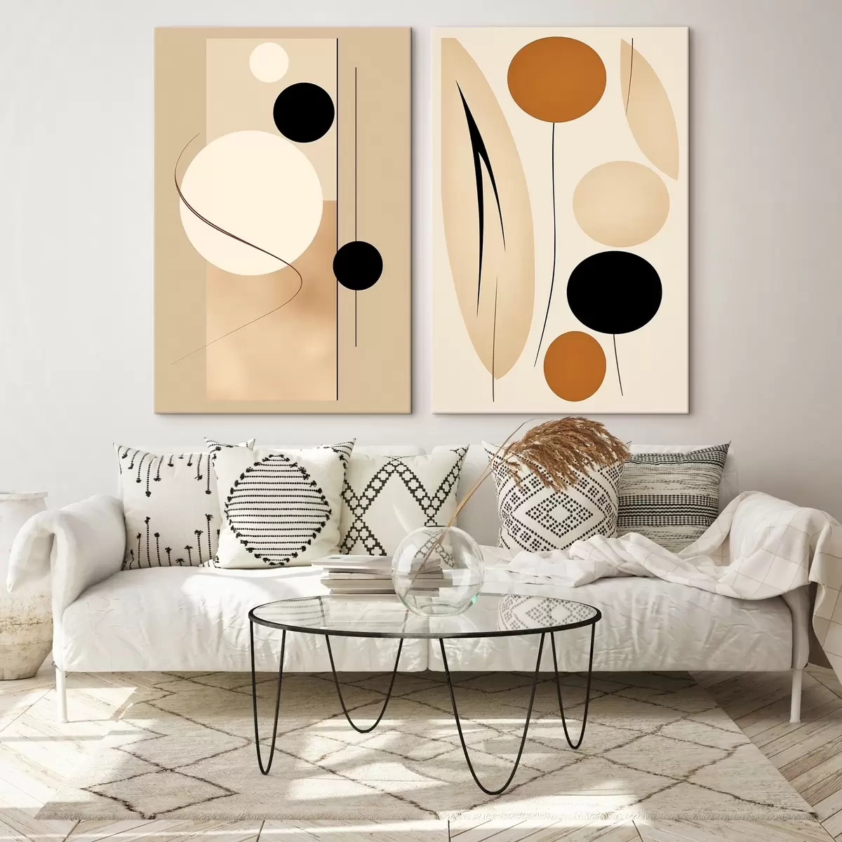  Schilderijen Minimalistische geometrische cirkels in beige en zwarte tinten m00685