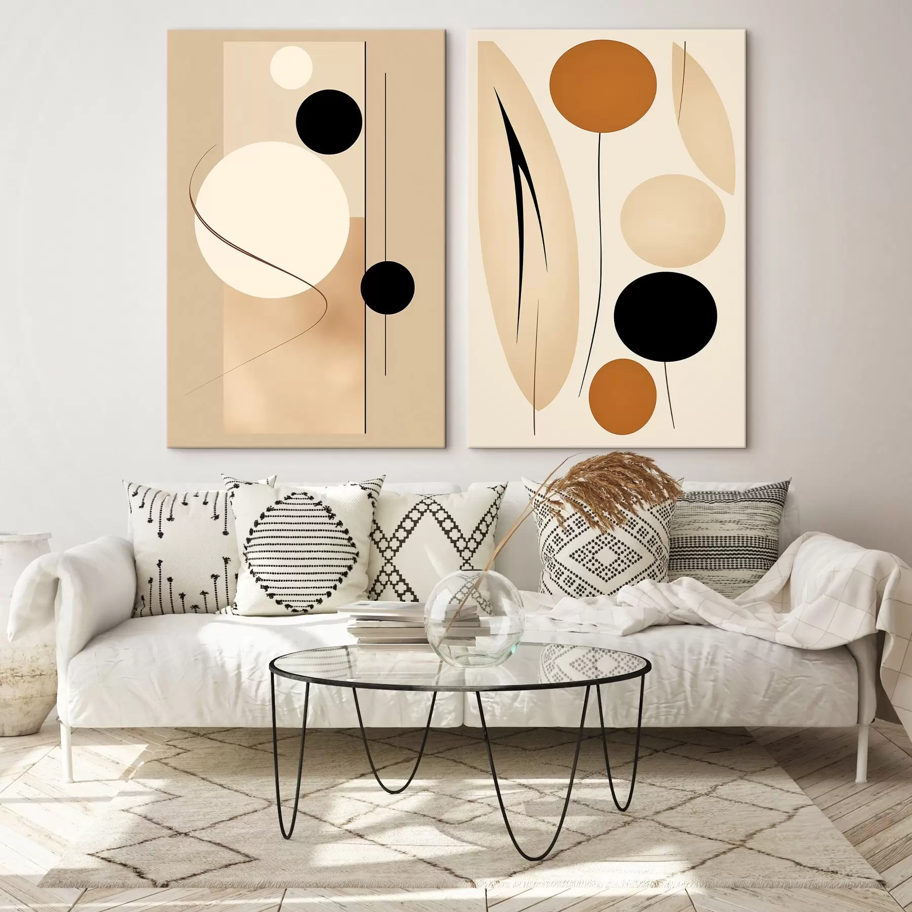 Schilderijen Minimalistische geometrische cirkels in beige en zwarte tinten m00685