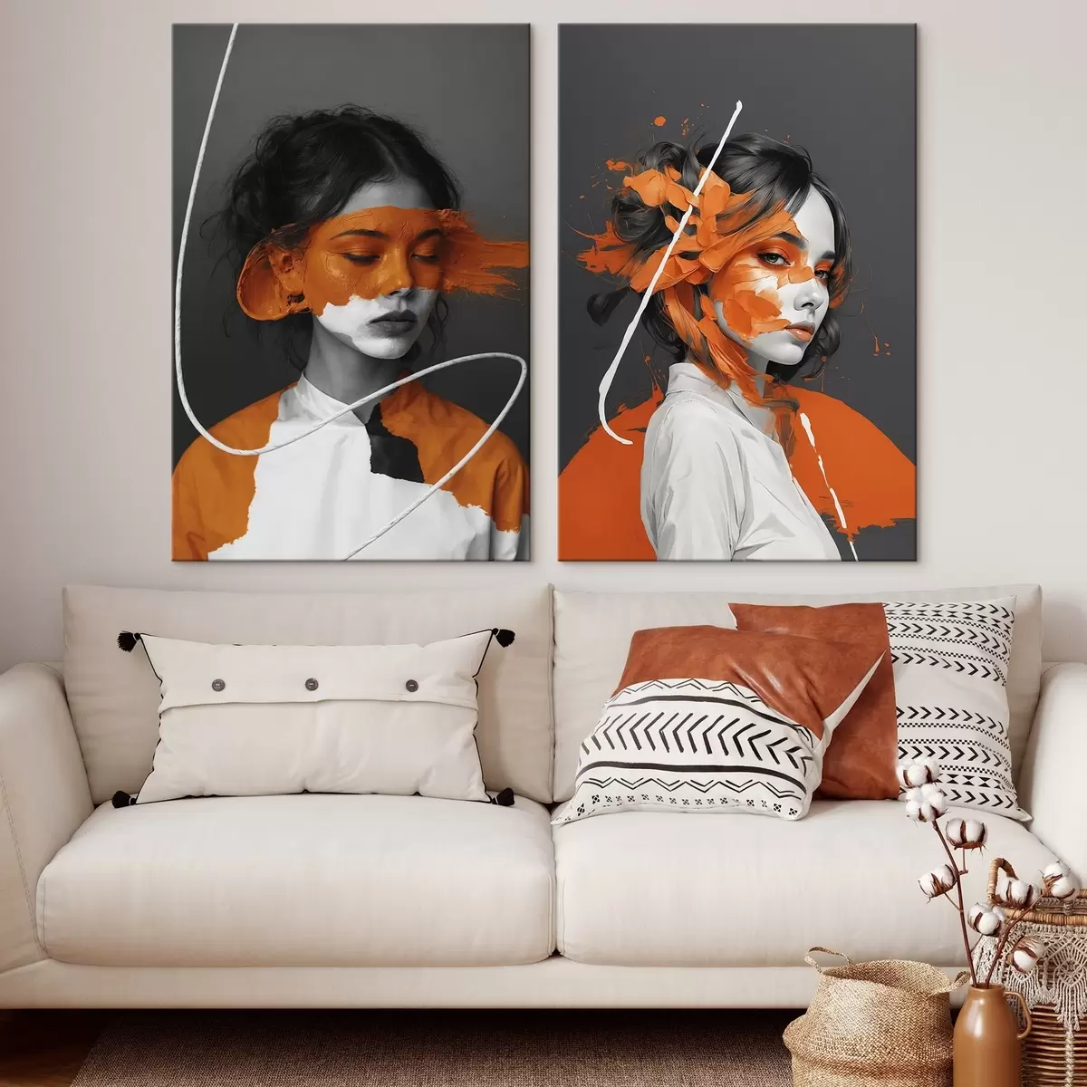  Schilderijen Portretten van meisjes met abstracte oranje penseelstreken m00693