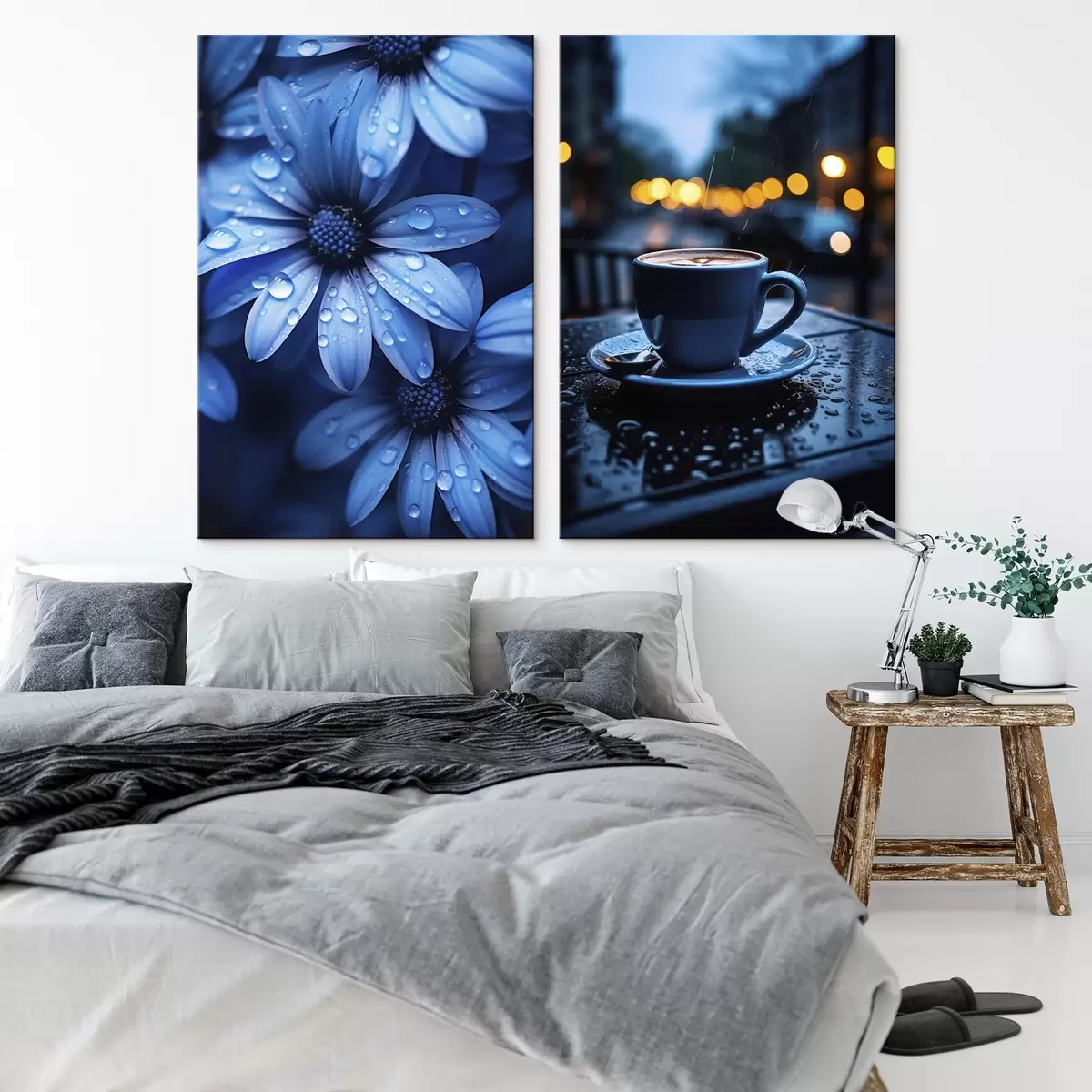  Schilderijen Blauwe bloemen met waterdruppels en een kopje koffie in de regen m00694