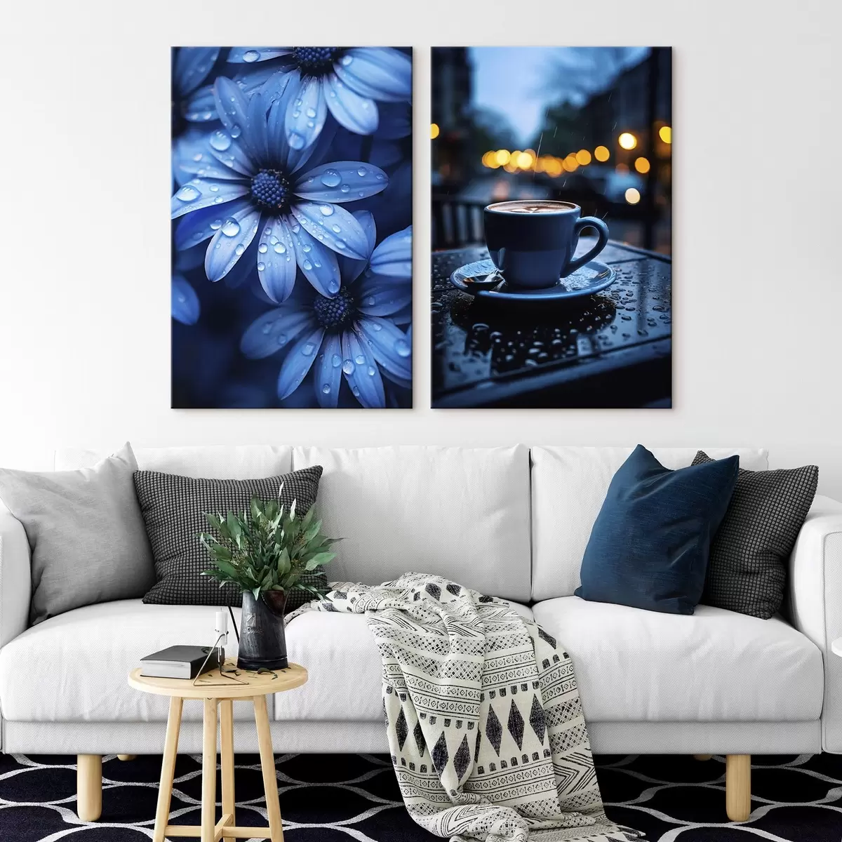  Schilderijen Blauwe bloemen met waterdruppels en een kopje koffie in de regen m00694