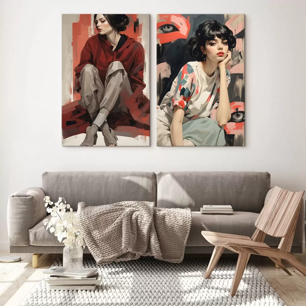  Schilderijen Portretten van meisjes in rood en beige abstracte stijlen m00695