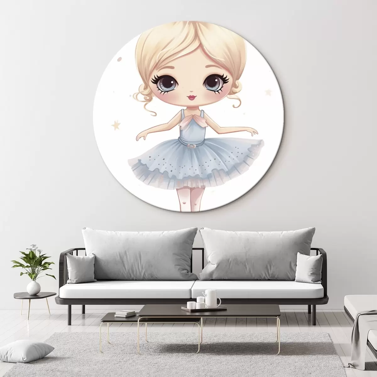 Ronde schilderijen Ballerina pop in een blauwe jurk met strik r45481