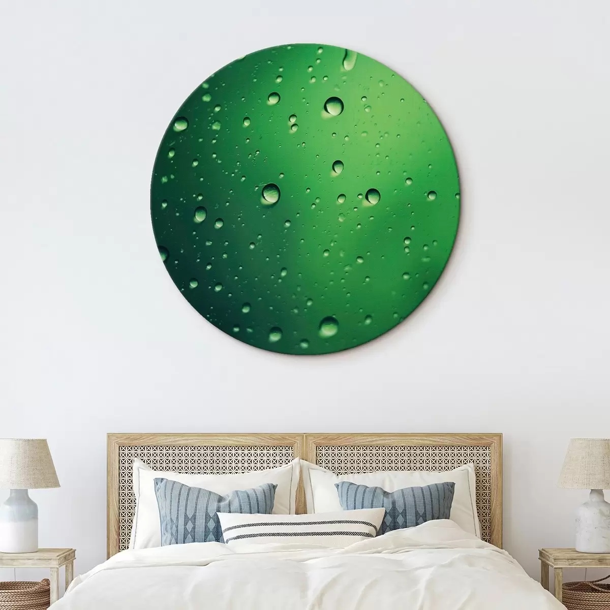 Ronde schilderijen Waterdruppels op groen glas close-up r45521