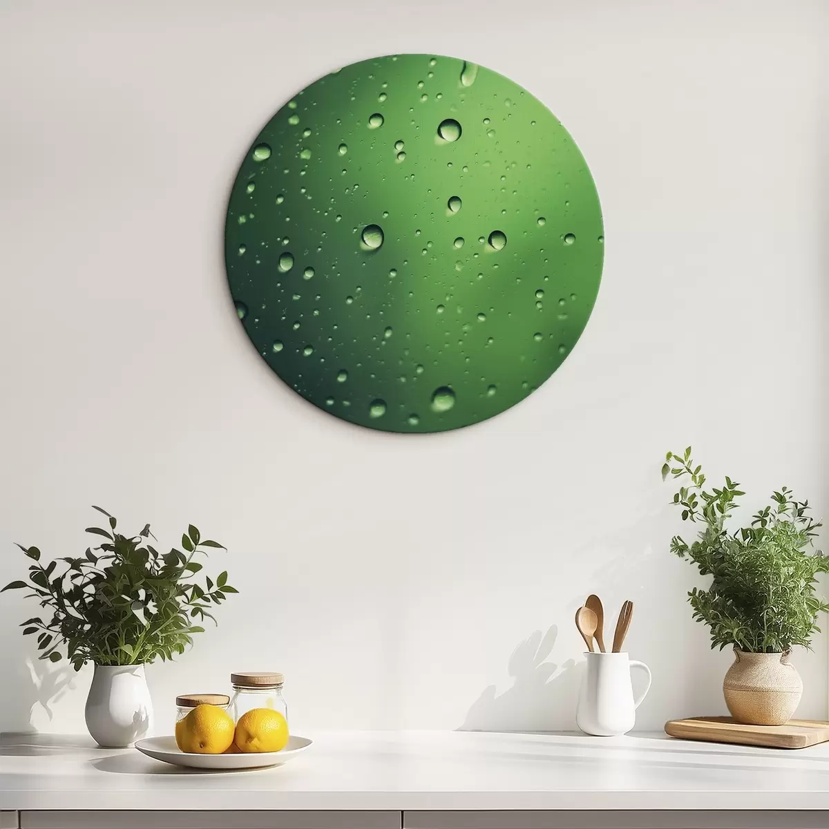 Ronde schilderijen Waterdruppels op groen glas close-up r45521