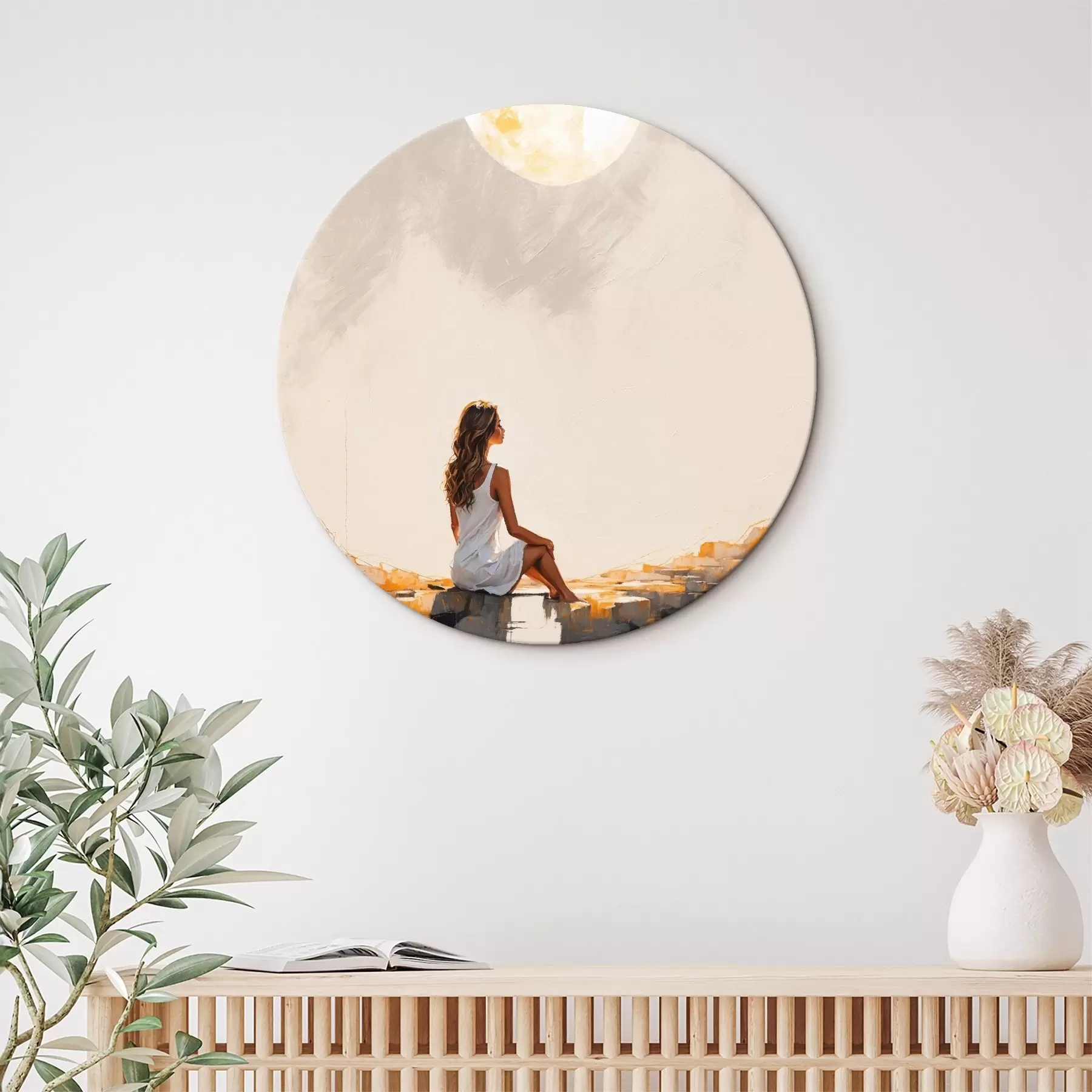  Schilderijen Meisje in een witte jurk zittend onder een grote maan r45621