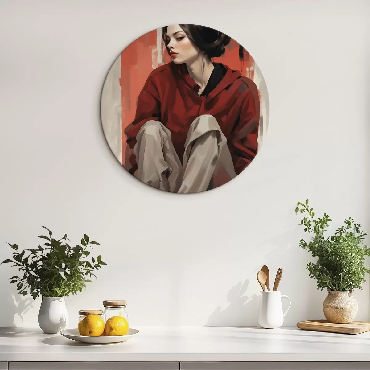 Ronde schilderijen Meisje in een rode mantel zittend met gevouwen benen r45624