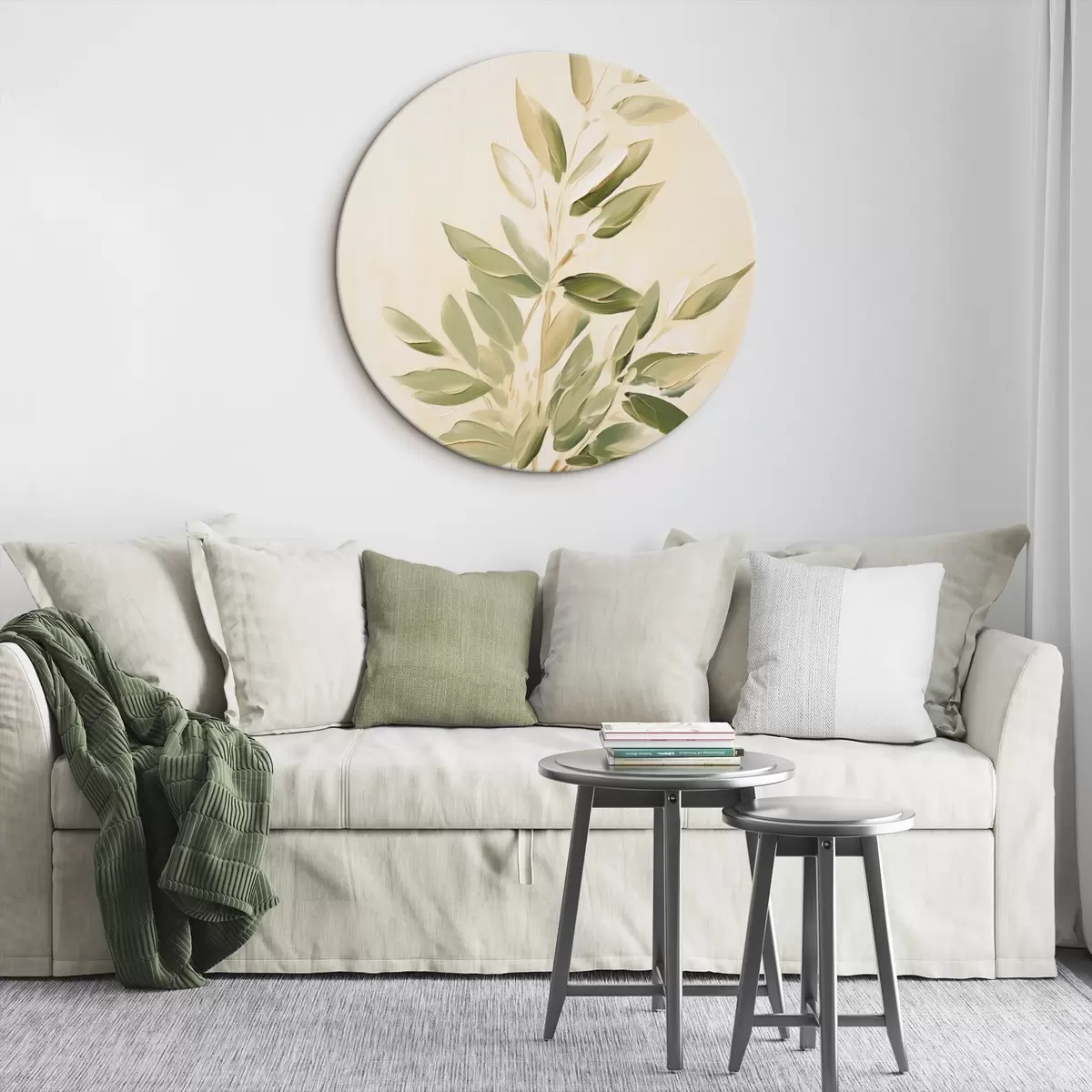Ronde schilderijen Tak met groene bladeren op een lichtbeige achtergrond r45689