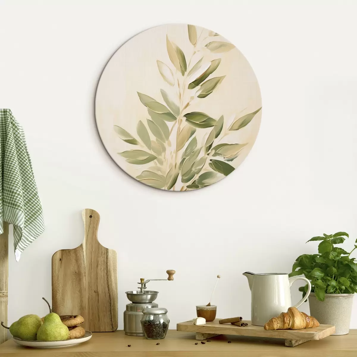 Ronde schilderijen Tak met groene bladeren op een lichtbeige achtergrond r45689