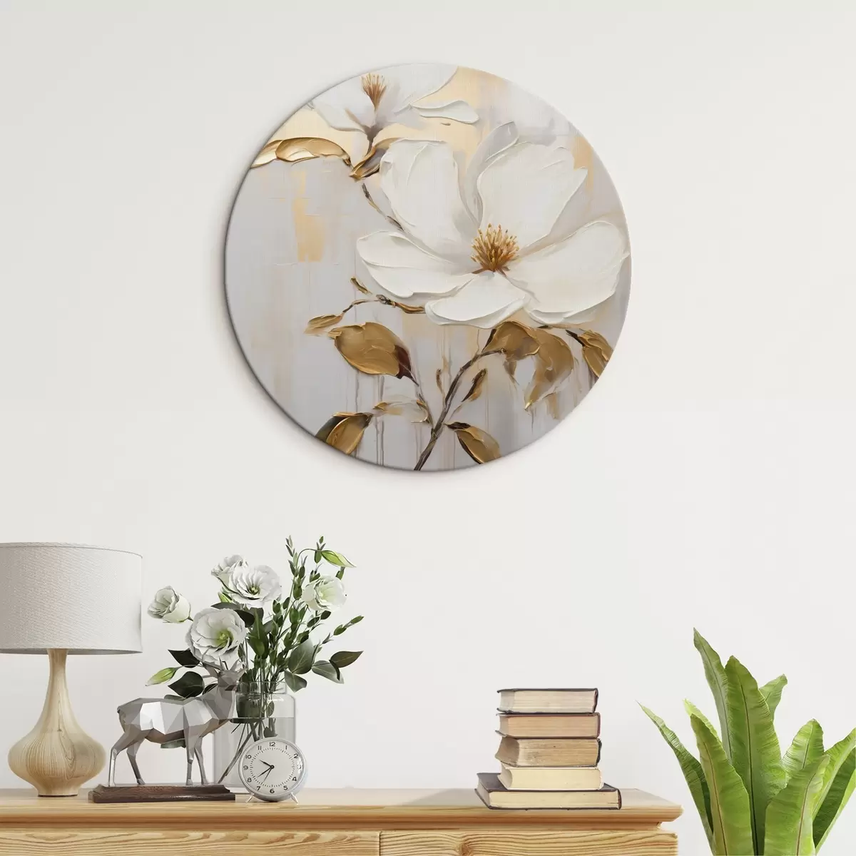 Ronde schilderijen Twee witte bloemen met geeloranje bladeren op een lichte achtergrond r45691