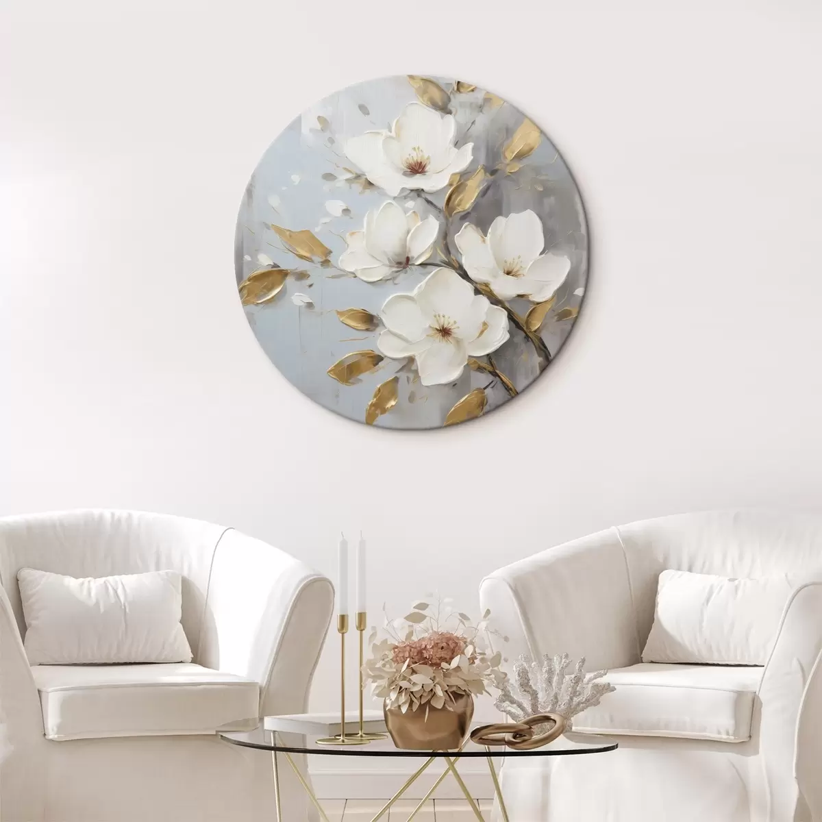 Ronde schilderijen Tak met witte bloemen en geeloranje bladeren r45692
