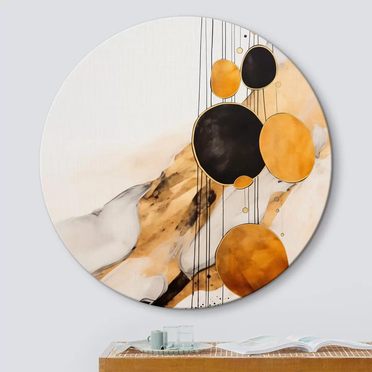 Ronde schilderijen Abstracte oranje en zwarte cirkels op een lichte achtergrond r45693