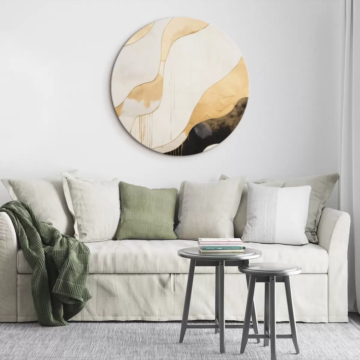 Ronde schilderijen Abstracte oranje en zwarte golvende lijnen r45694