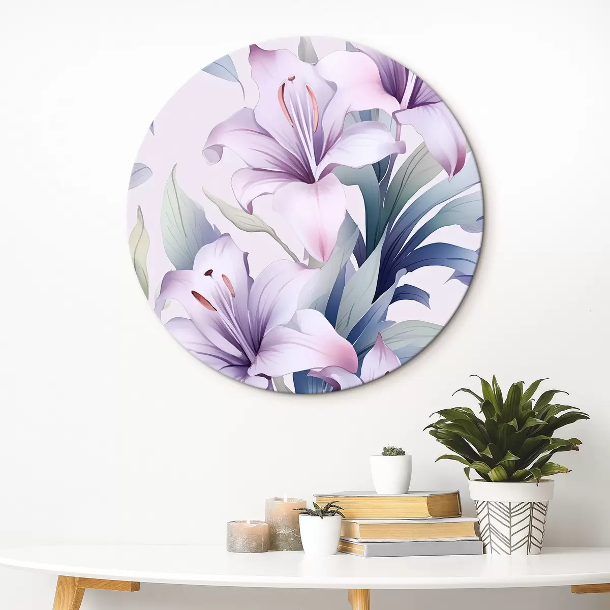 Ronde schilderijen Grote roze-paarse lelies met groene bladeren r45698