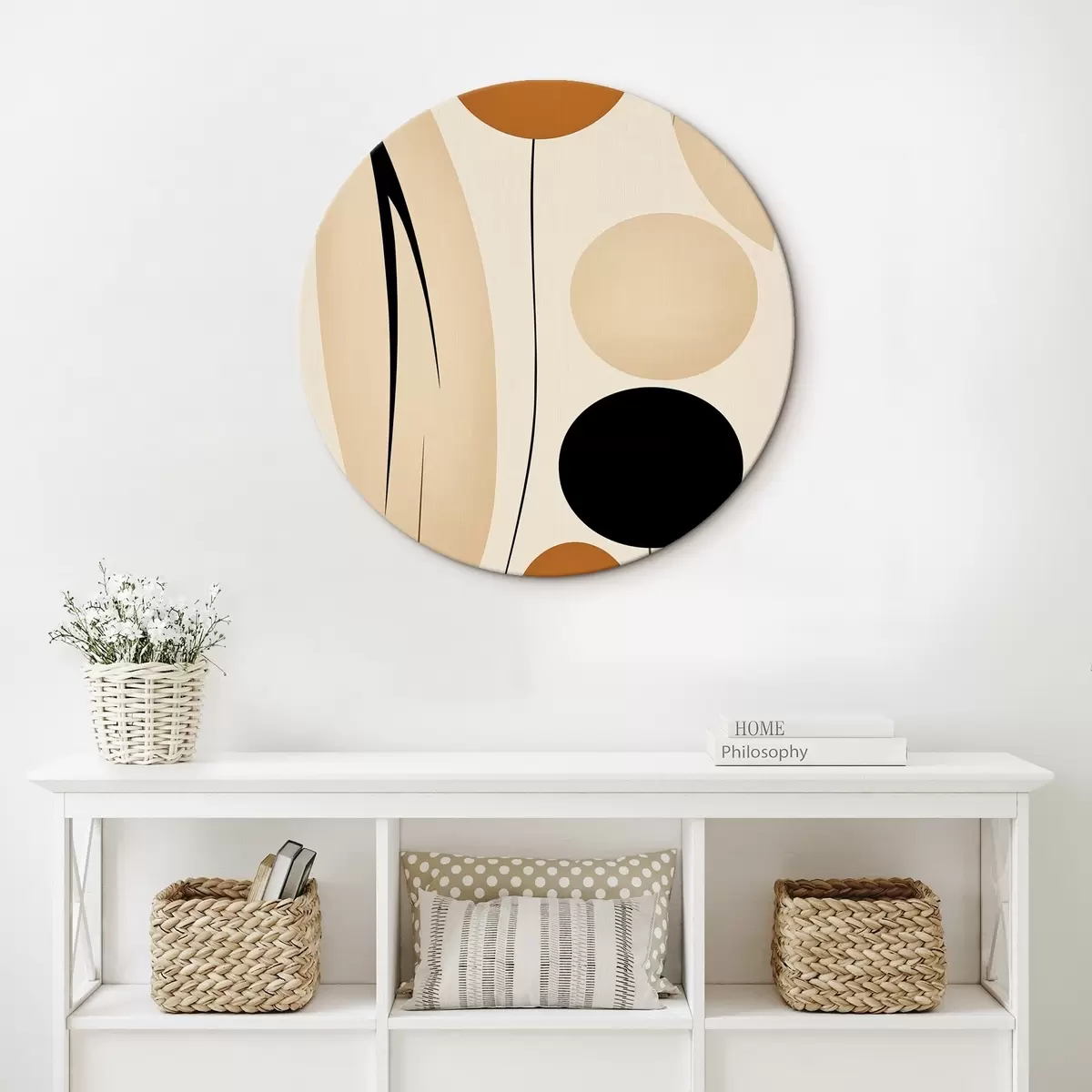 Ronde schilderijen Abstracte compositie met zwarte en oranje cirkels r45700