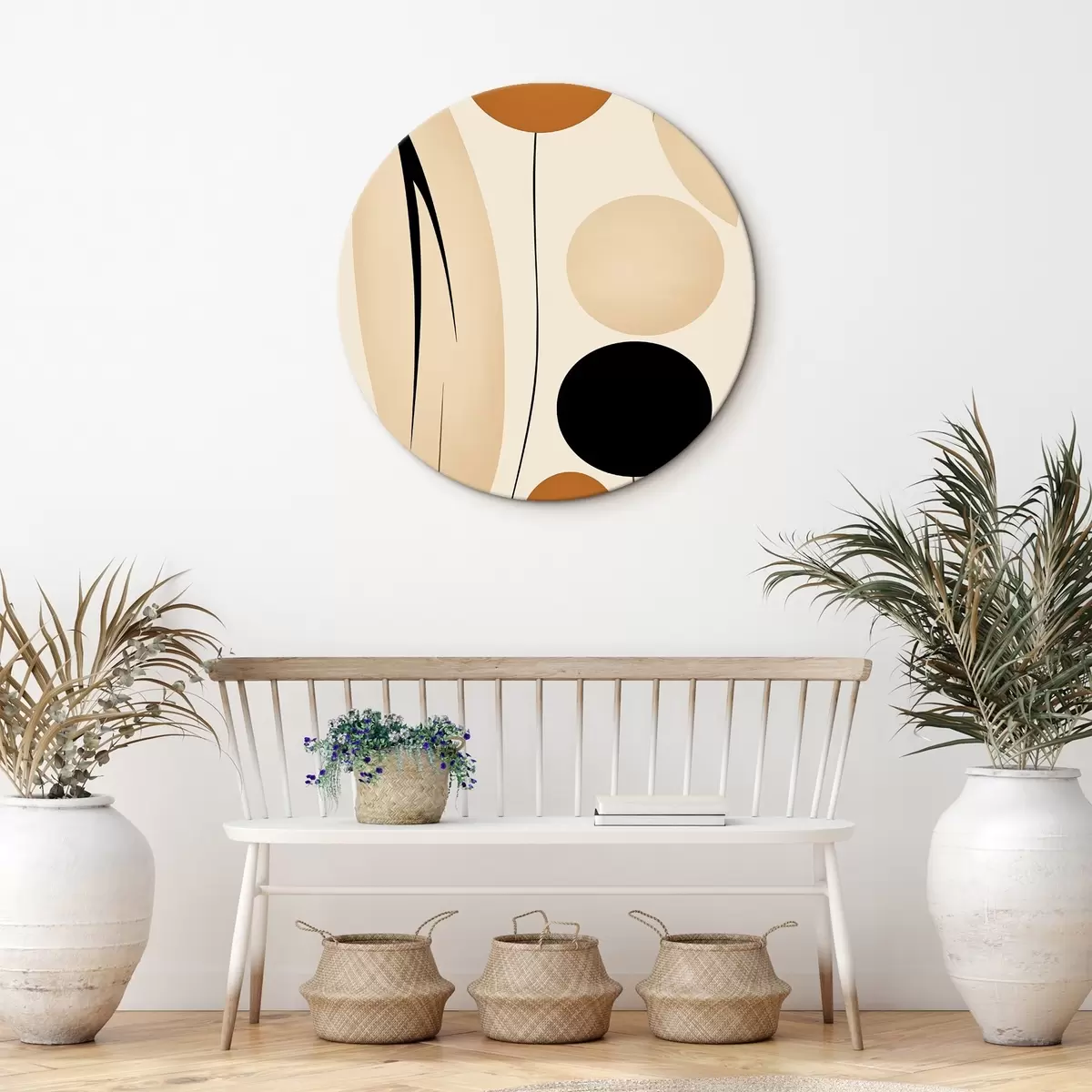 Ronde schilderijen Abstracte compositie met zwarte en oranje cirkels r45700