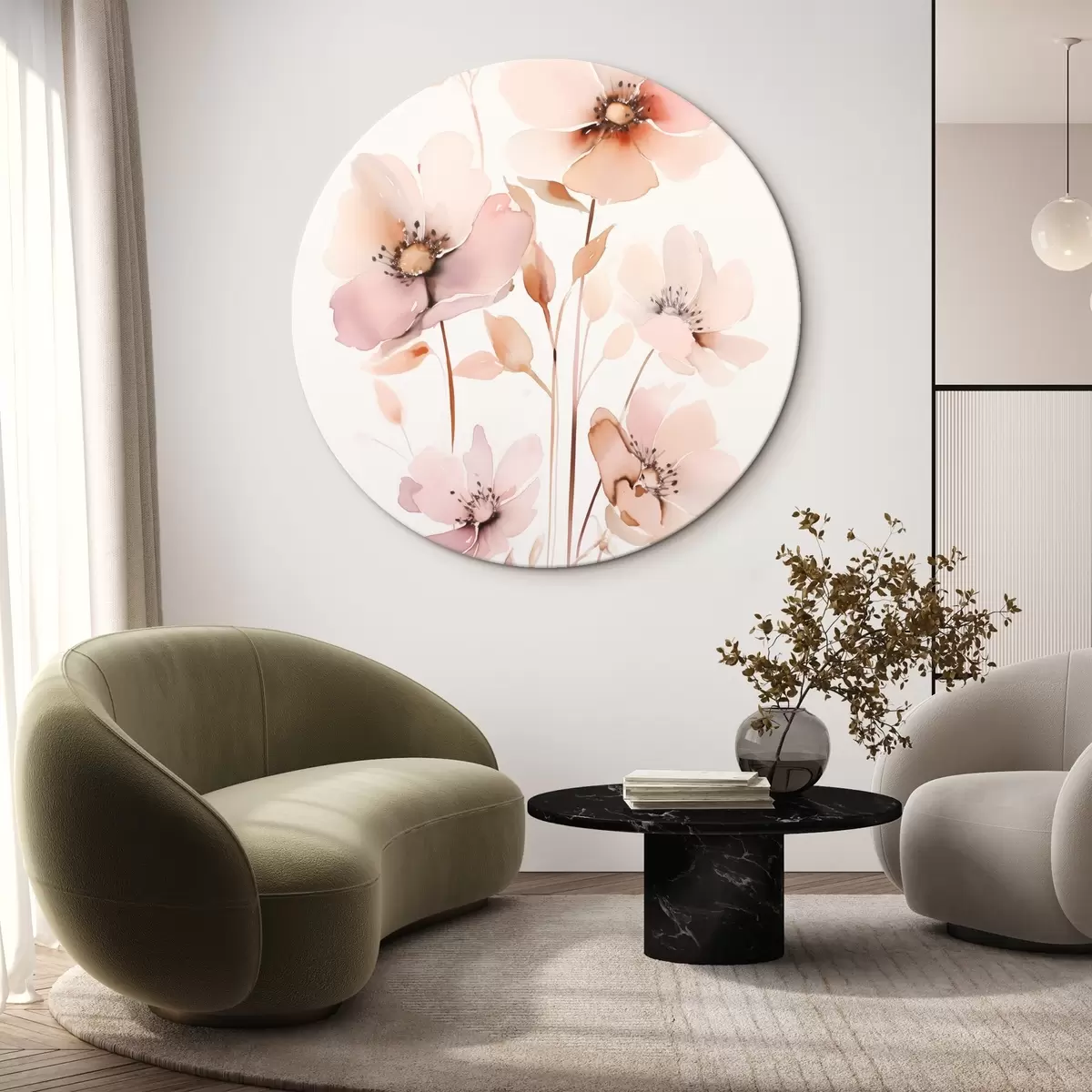 Ronde schilderijen Aquarelroze bloemen op dunne stelen r45701