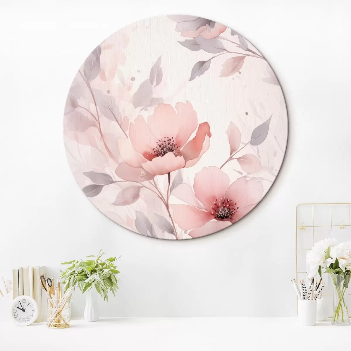 Ronde schilderijen Delicate roze-grijze bloemen met aquareleffect r45702