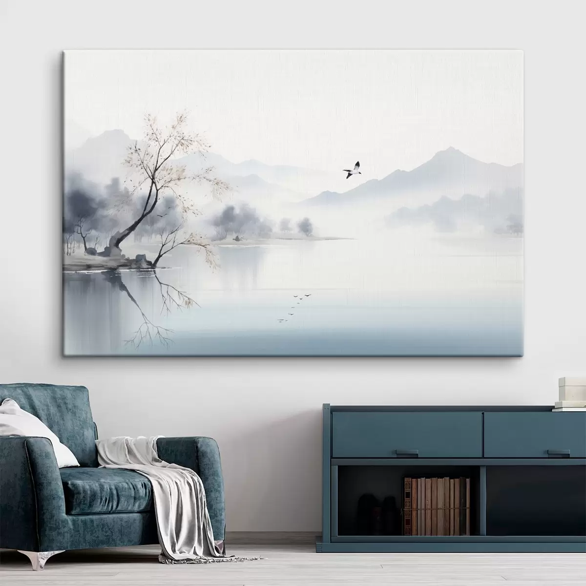  Schilderijen Mistig landschap met een boom, bergen en vogels s45518