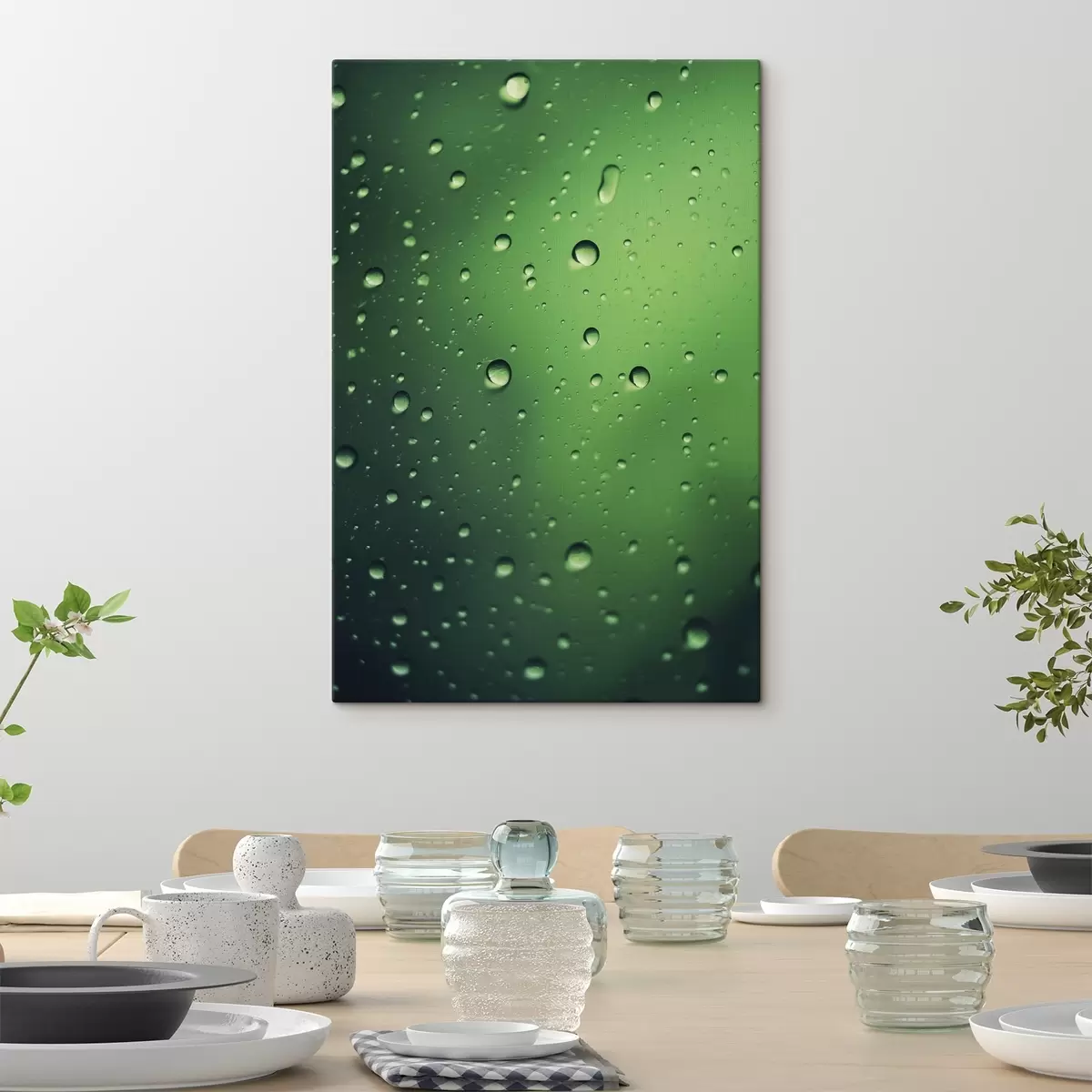  Schilderijen Waterdruppels op groen glas close-up s45521