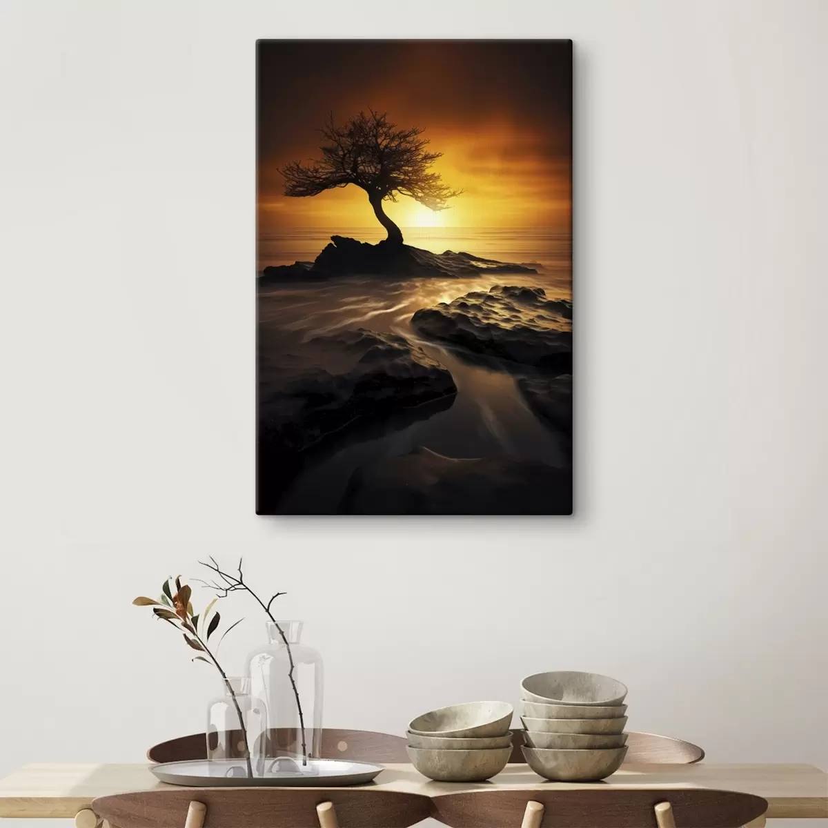  Schilderijen Eenzame boom op een klif bij zonsondergang s45524