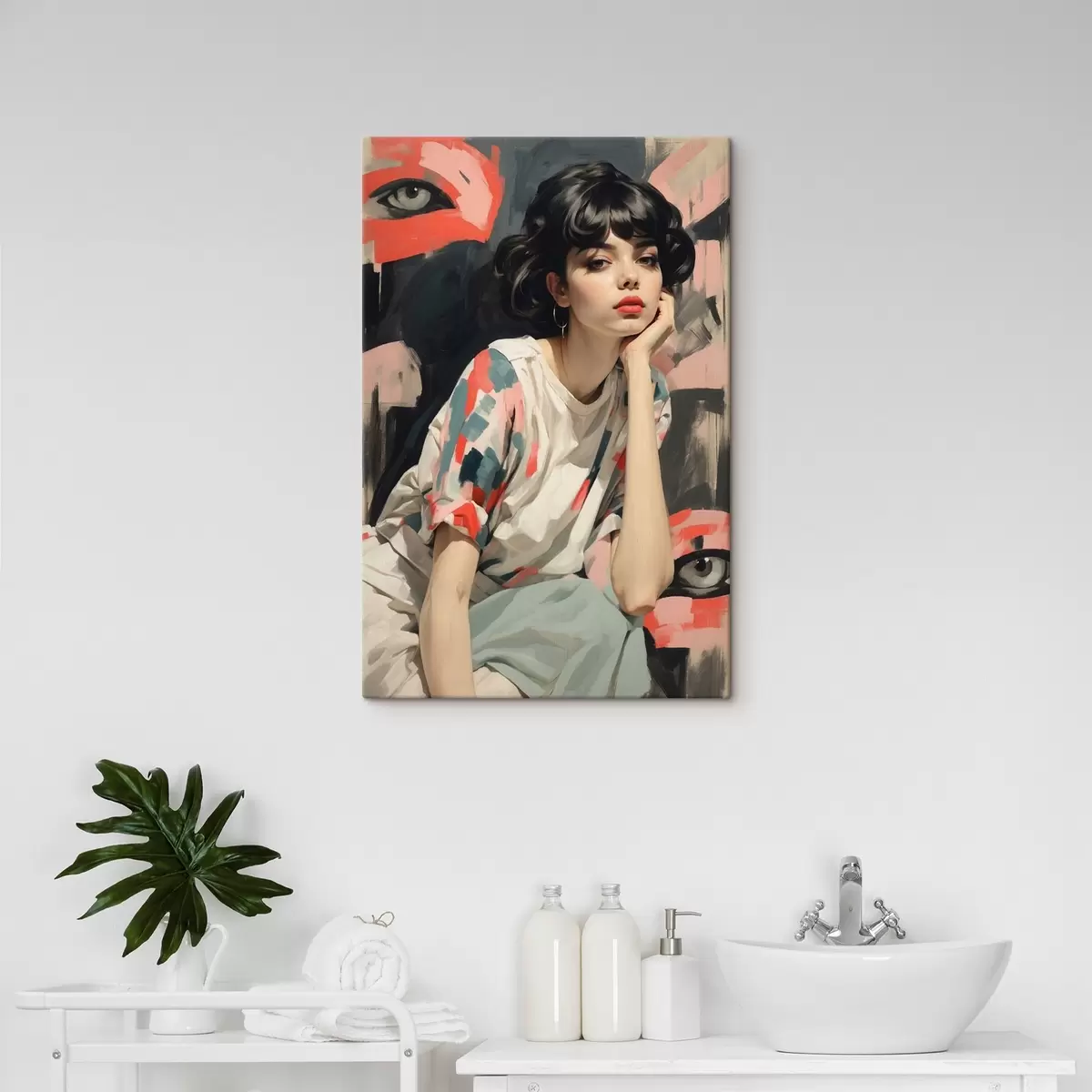  Schilderijen Portret van een meisje tegen een achtergrond met ogen en abstracte streken s45623