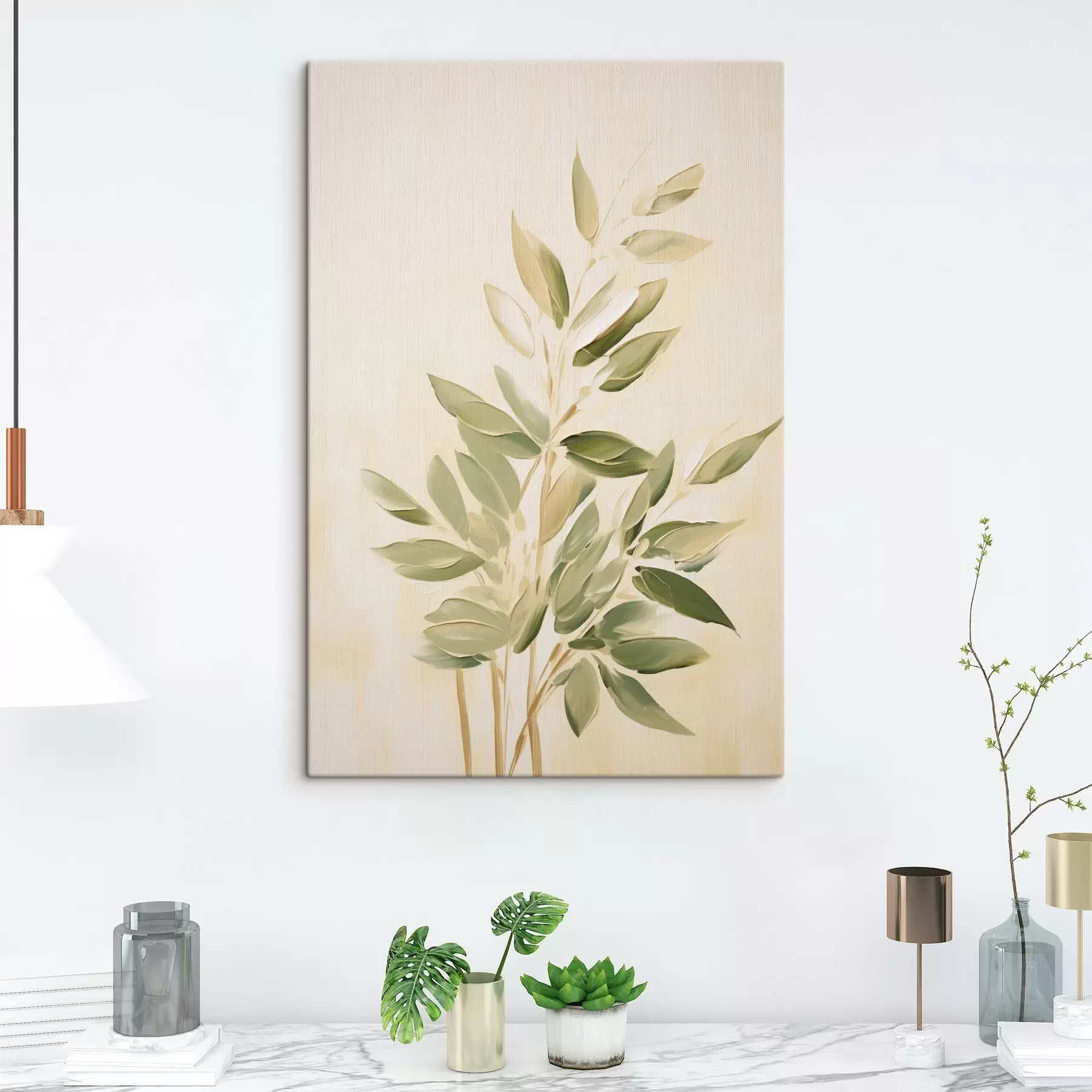  Schilderijen Tak met groene bladeren op een lichtbeige achtergrond s45689