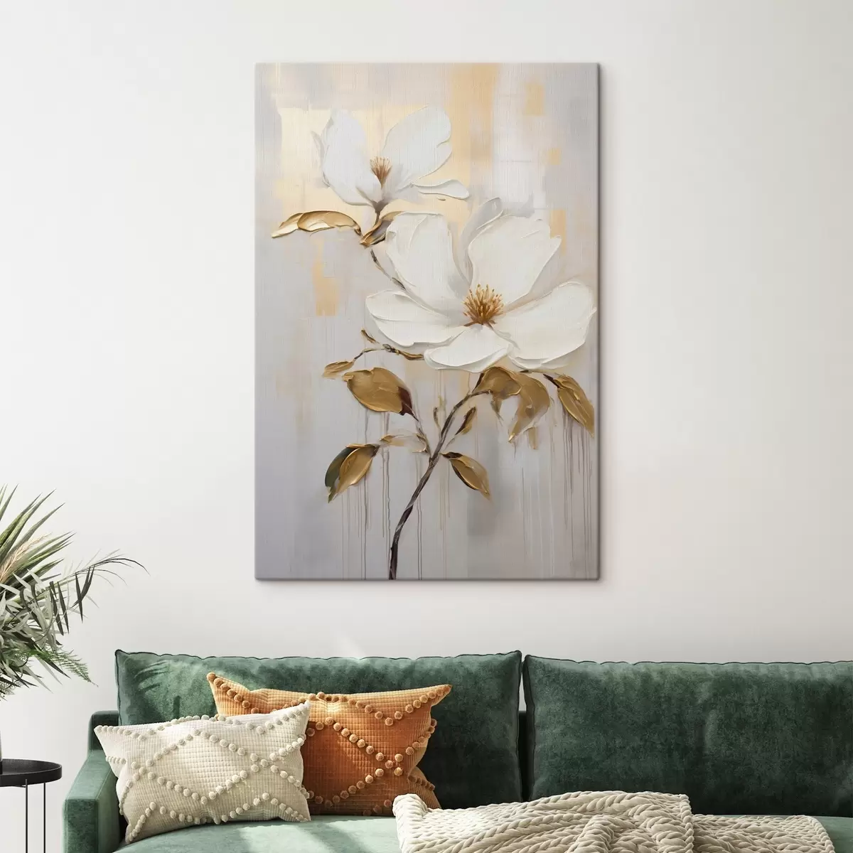  Schilderijen Twee witte bloemen met geeloranje bladeren op een lichte achtergrond s45691