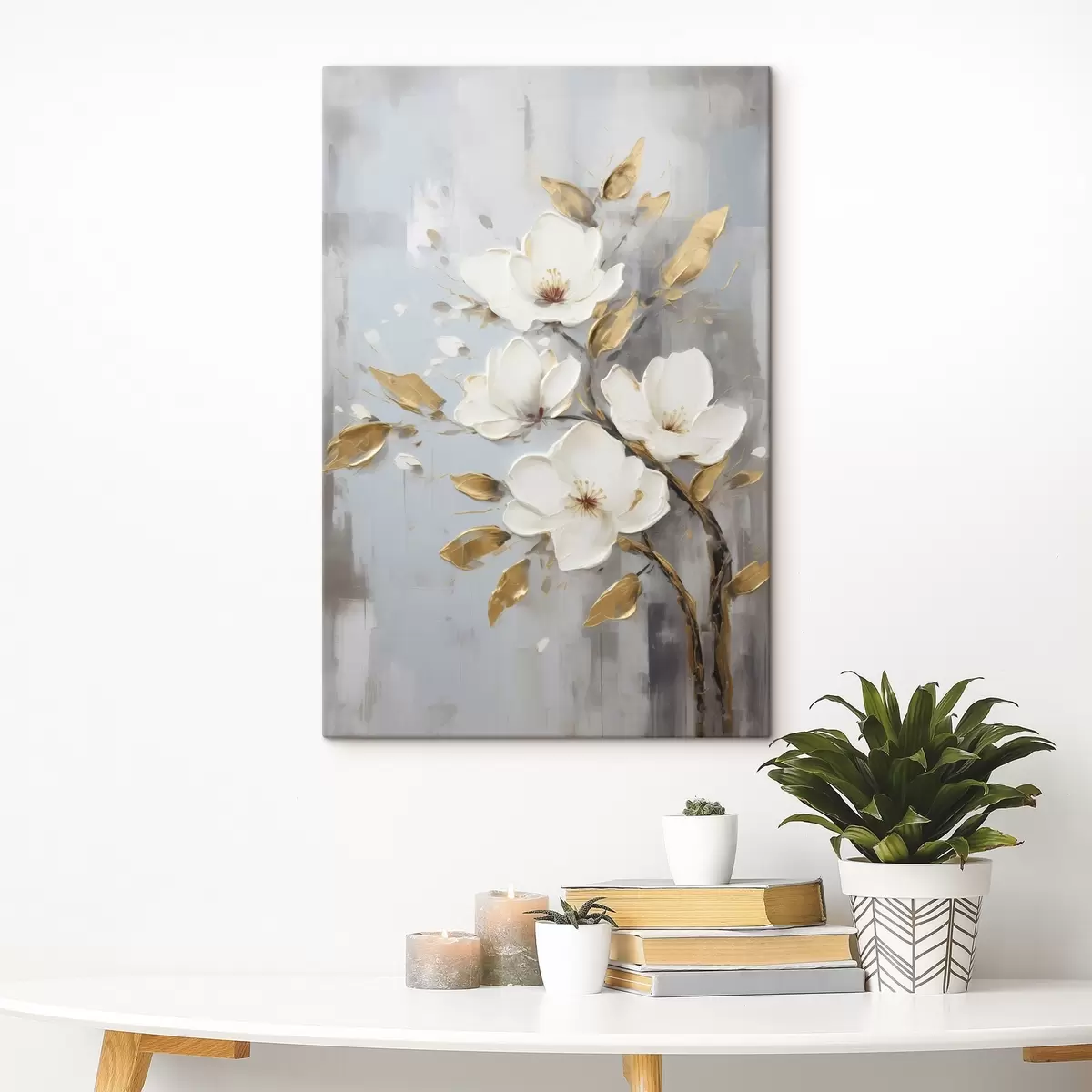  Schilderijen Tak met witte bloemen en geeloranje bladeren s45692