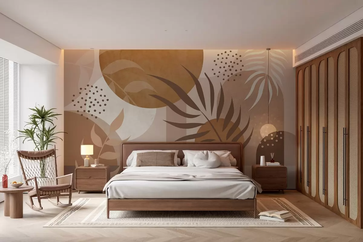 Fotobehang Eigentijdse abstractie met planten in bruin- en beigetinten w04497