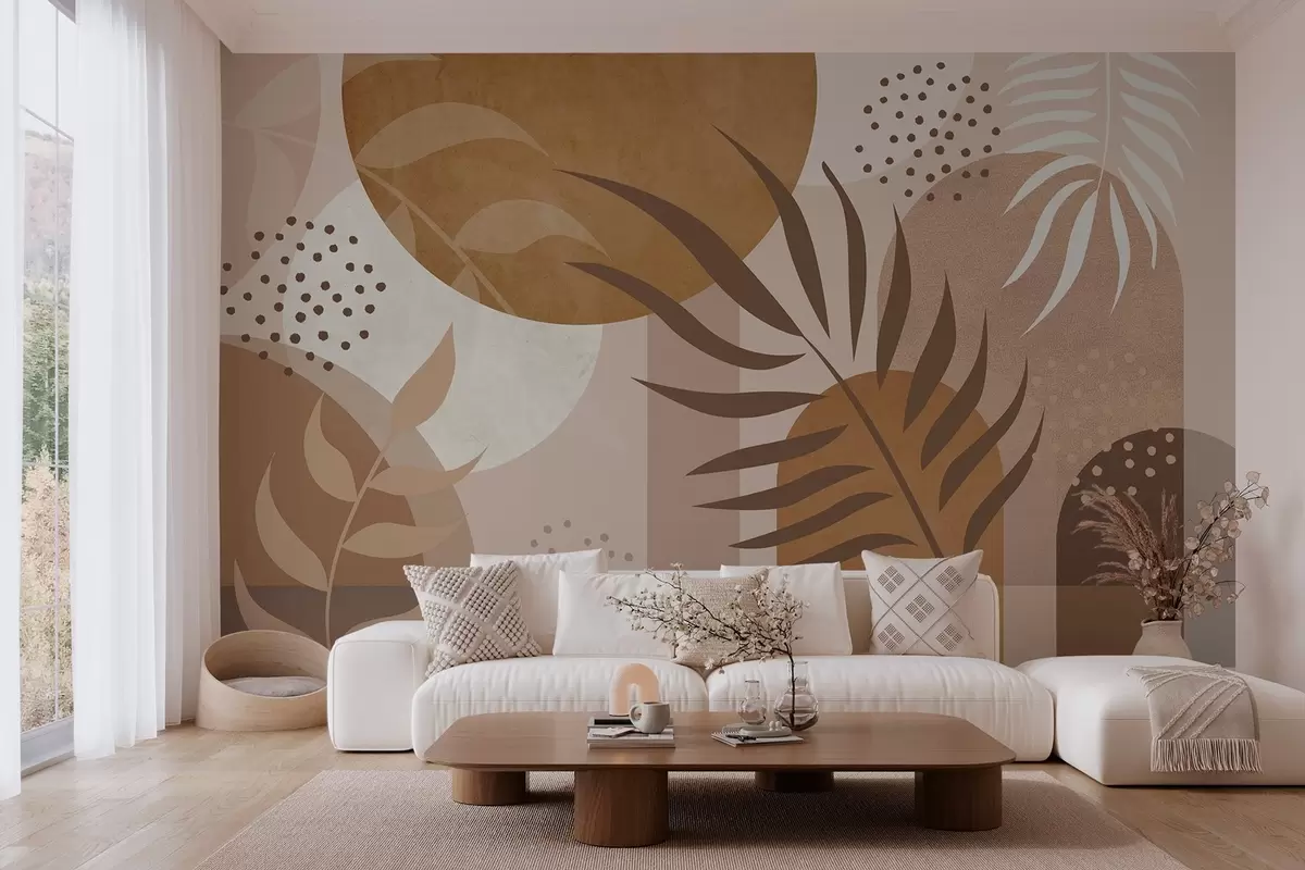 Fotobehang Eigentijdse abstractie met planten in bruin- en beigetinten w04497