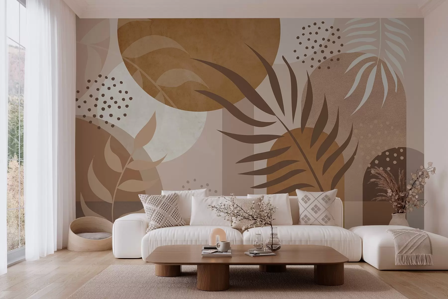 Fotobehang Eigentijdse abstractie met planten in bruin- en beigetinten w04497