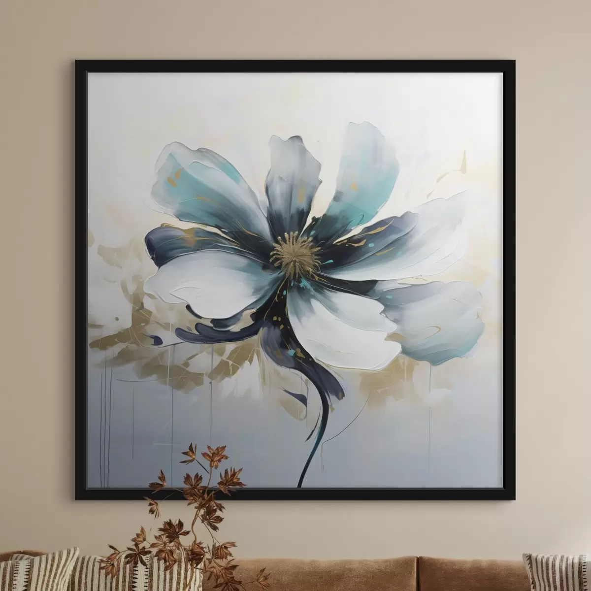 Poster Turquoise bloem in olieverfschilderijstijl f45641