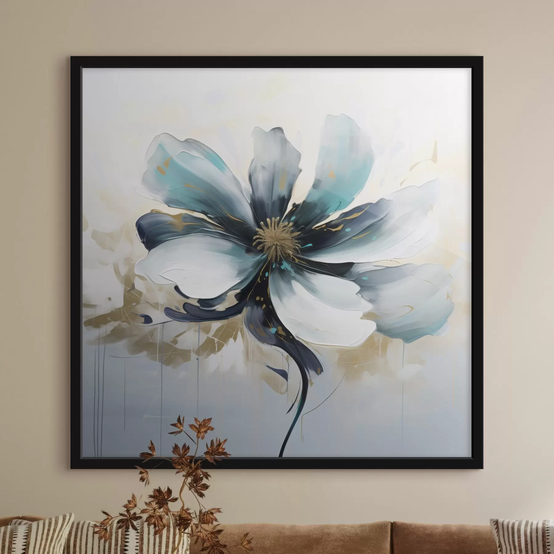 Fotobehang Turquoise bloem in olieverfschilderijstijl f45641