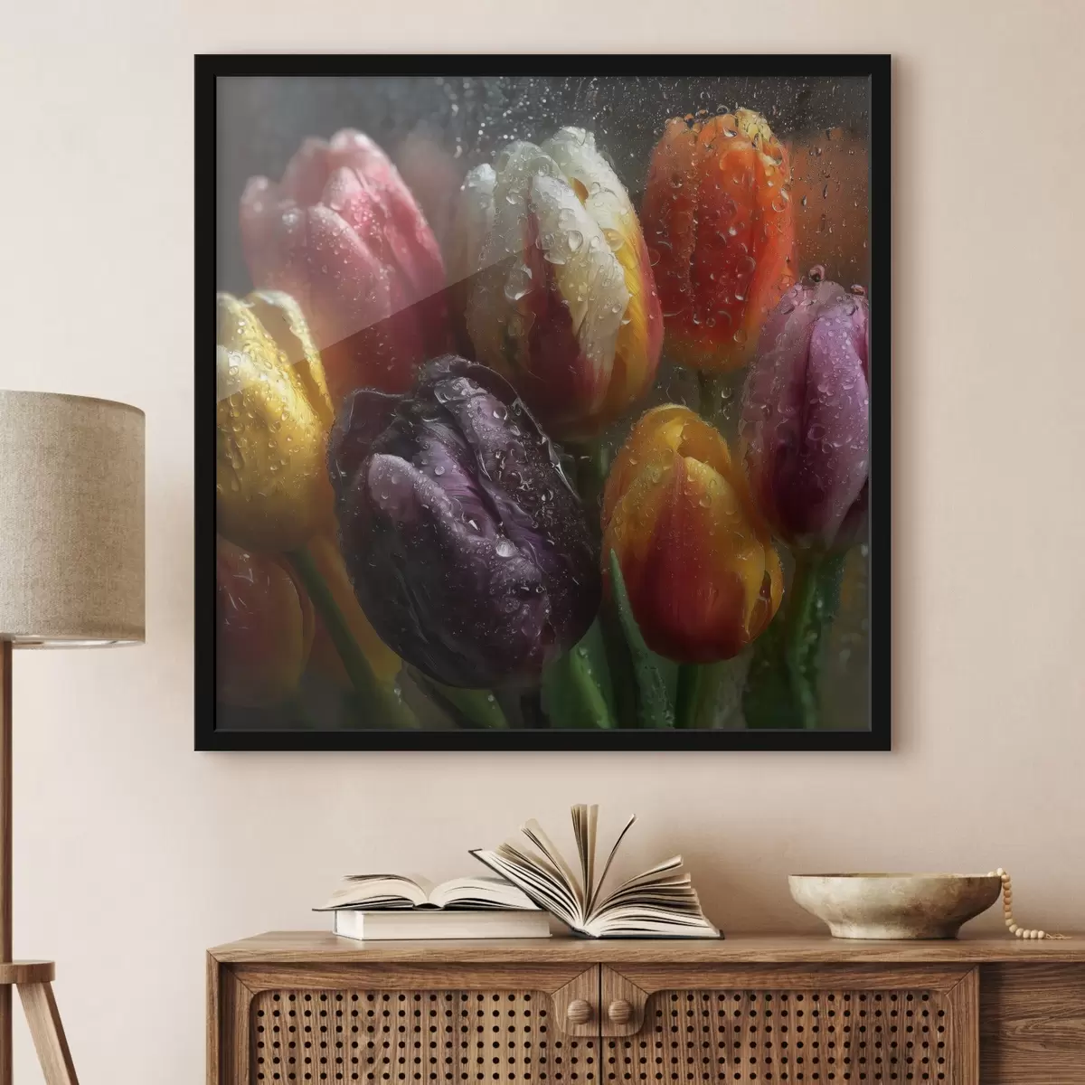 Poster Tulpen in de regen: heldere kleuren f45642