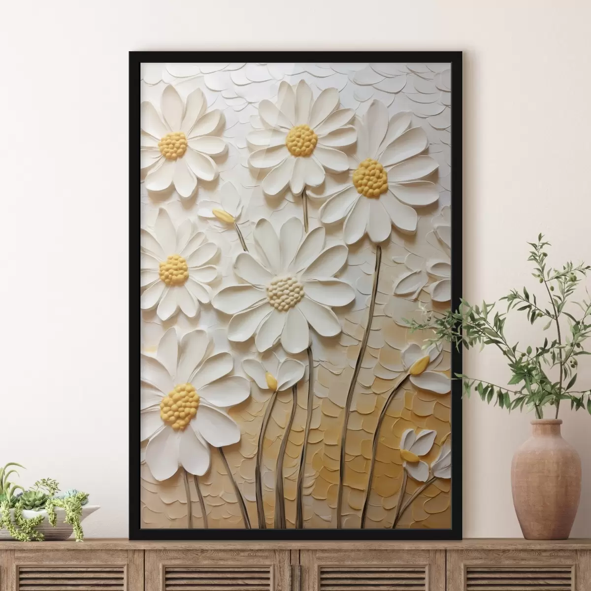Poster Madeliefjes in impasto stijl: witte bloemblaadjes f45647
