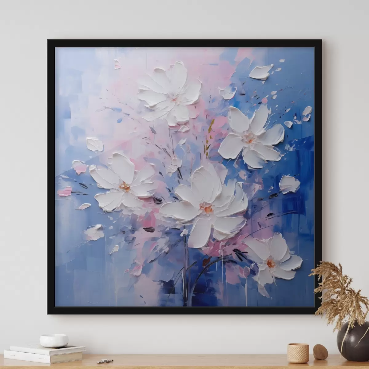 Poster Volumetrische bloemen op een blauwe achtergrond in impasto stijl f45648